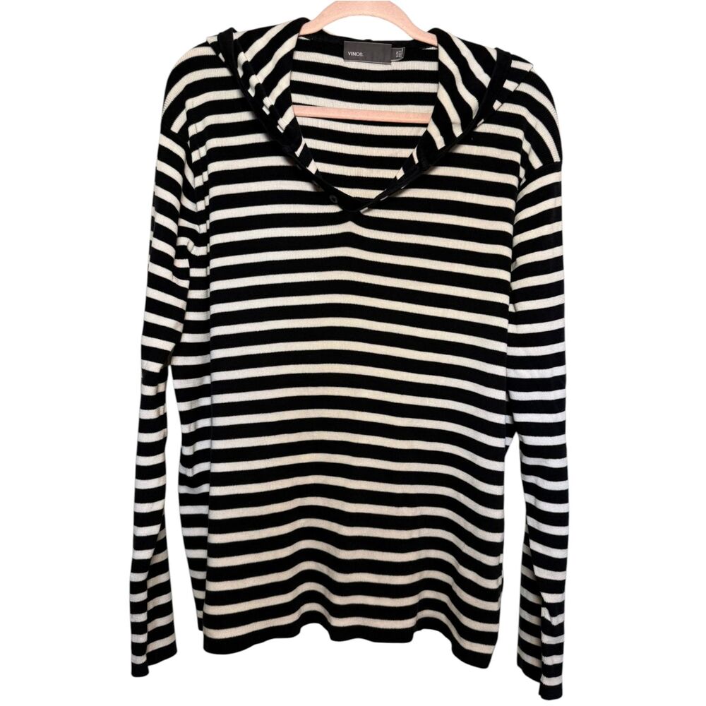 Vince Cotton Navy Striped Hooded Sweater Coastal Casual Weekend Quiet Luxury XL